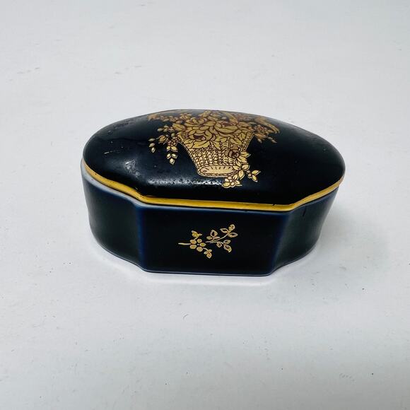Limoges 24K Gold Castel Trinket Box Ceramic Gold Trim 24K Navy Blue - Picture 5 of 6